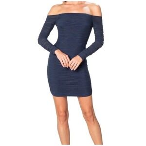 NWT Dress the Population Women's  Ruched Mini Off-The-Shoulder Dress - Navy Sz M